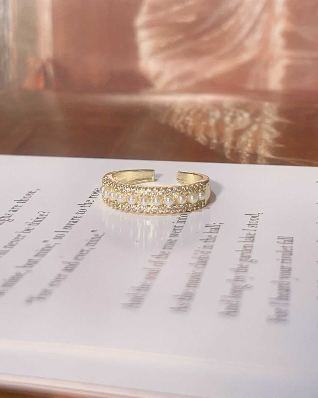 天使數字11顆珍珠不褪色金色醫療鋼開口戒