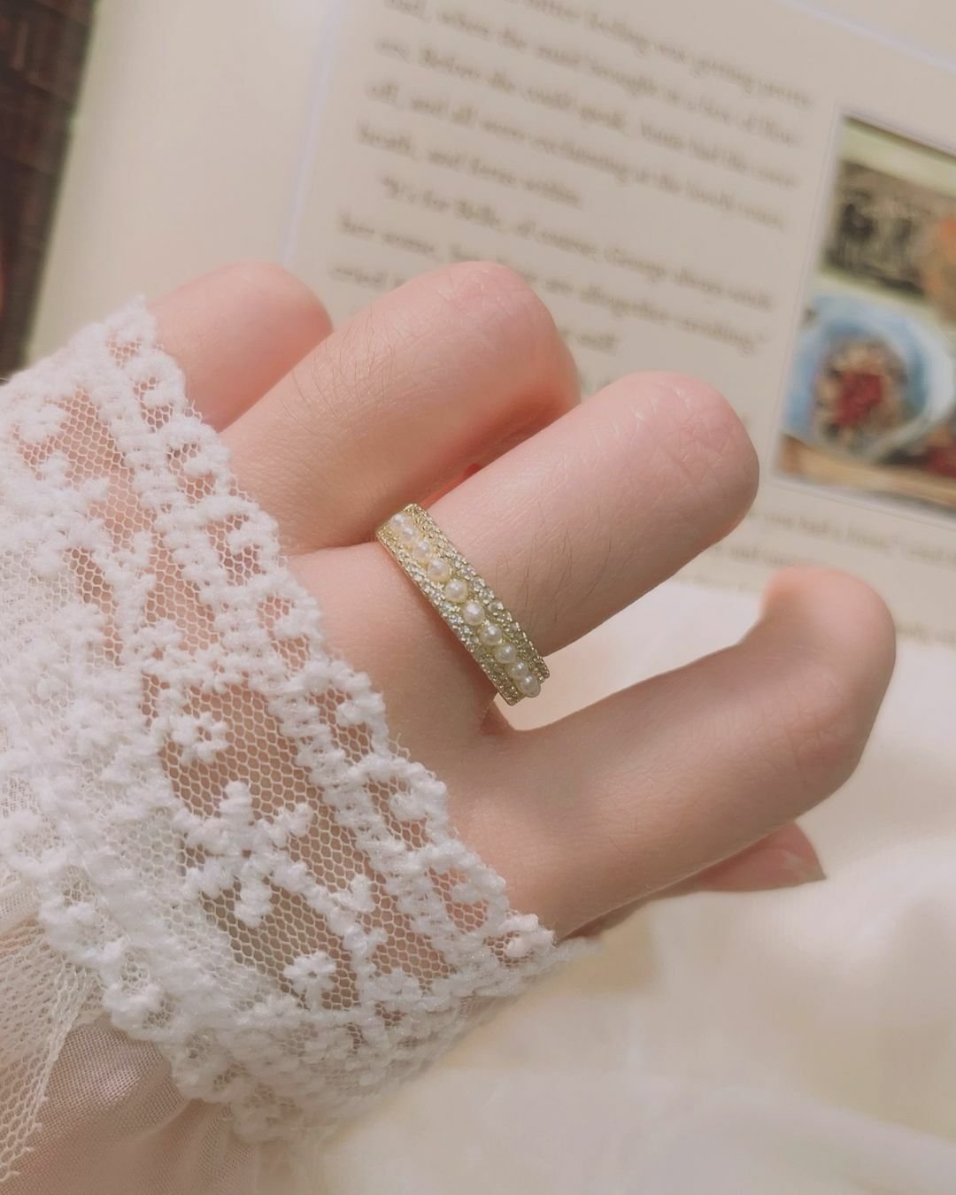 天使數字11顆珍珠不褪色金色醫療鋼開口戒