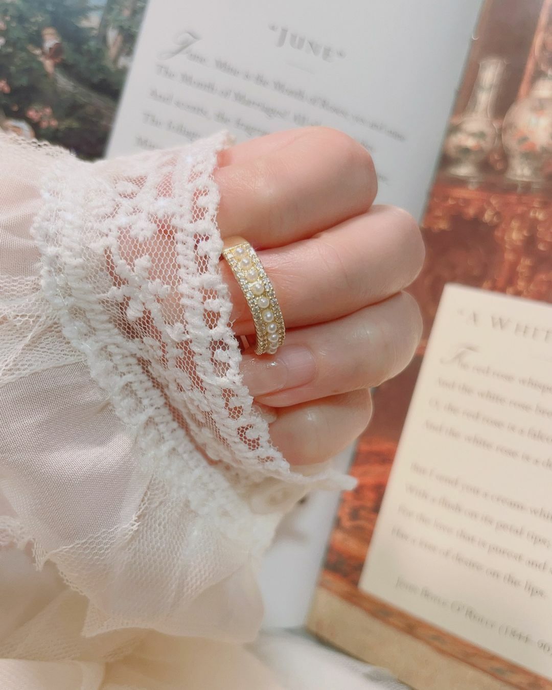 天使數字11顆珍珠不褪色金色醫療鋼開口戒