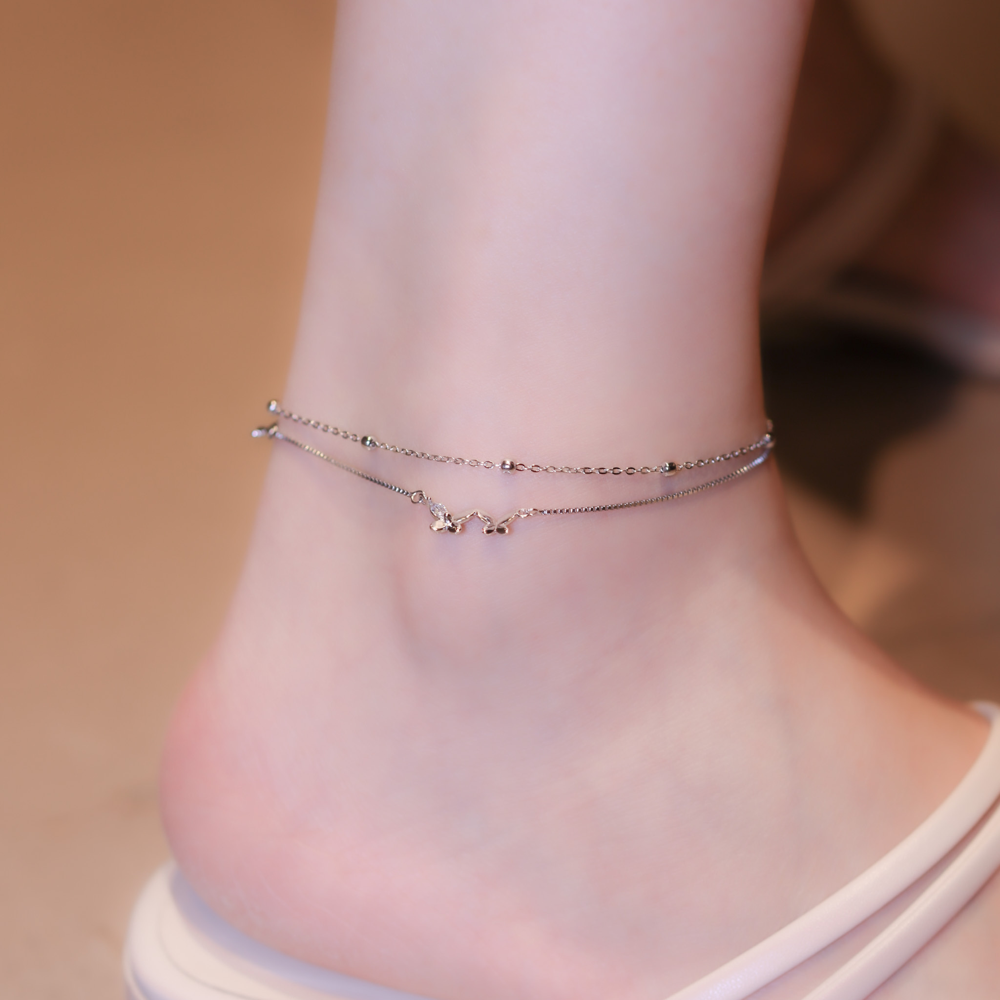 | 925 Silver・ White Gold | Happy Steps Double Anklet | AN0105 |