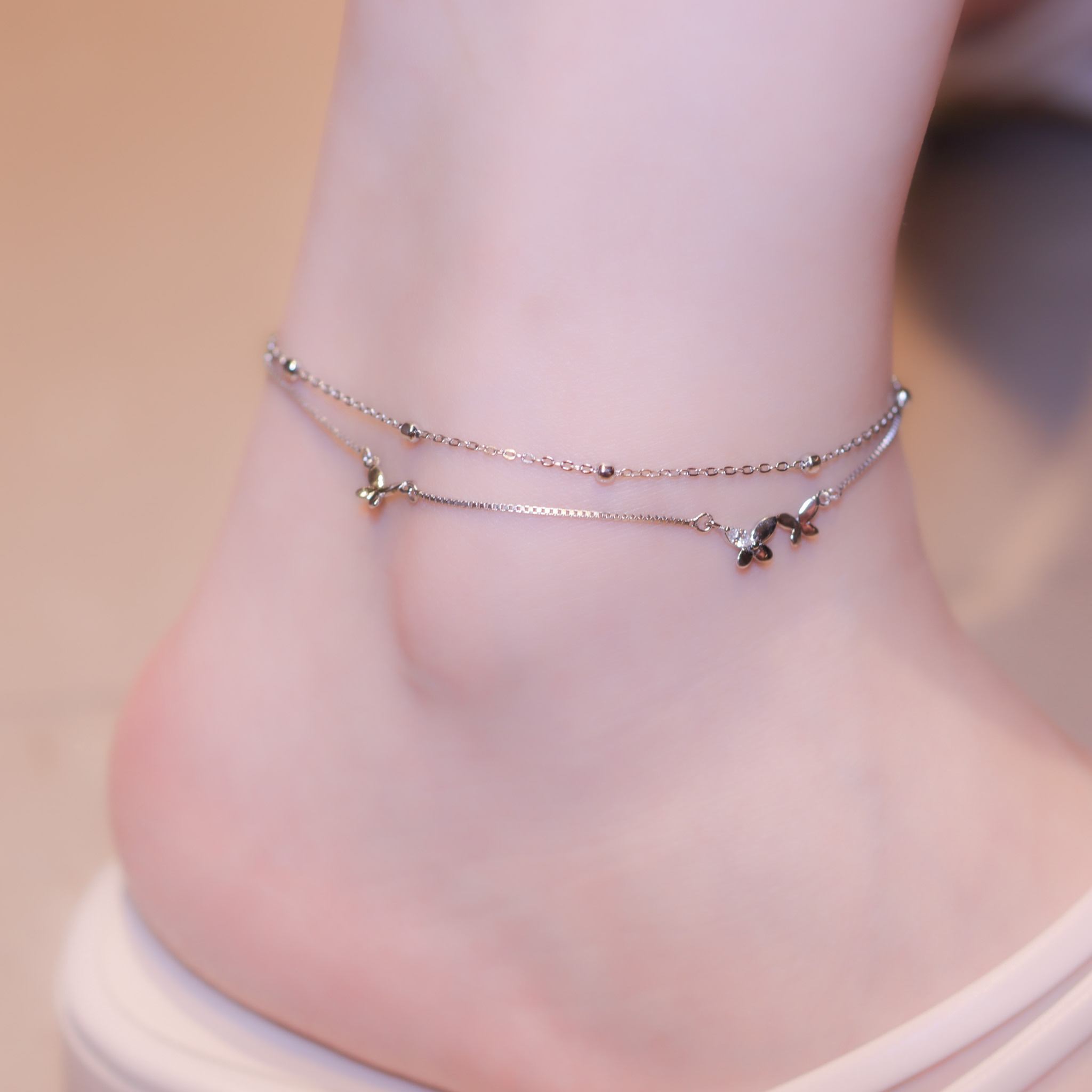 | 925 Silver・ White Gold | Happy Steps Double Anklet | AN0105 |