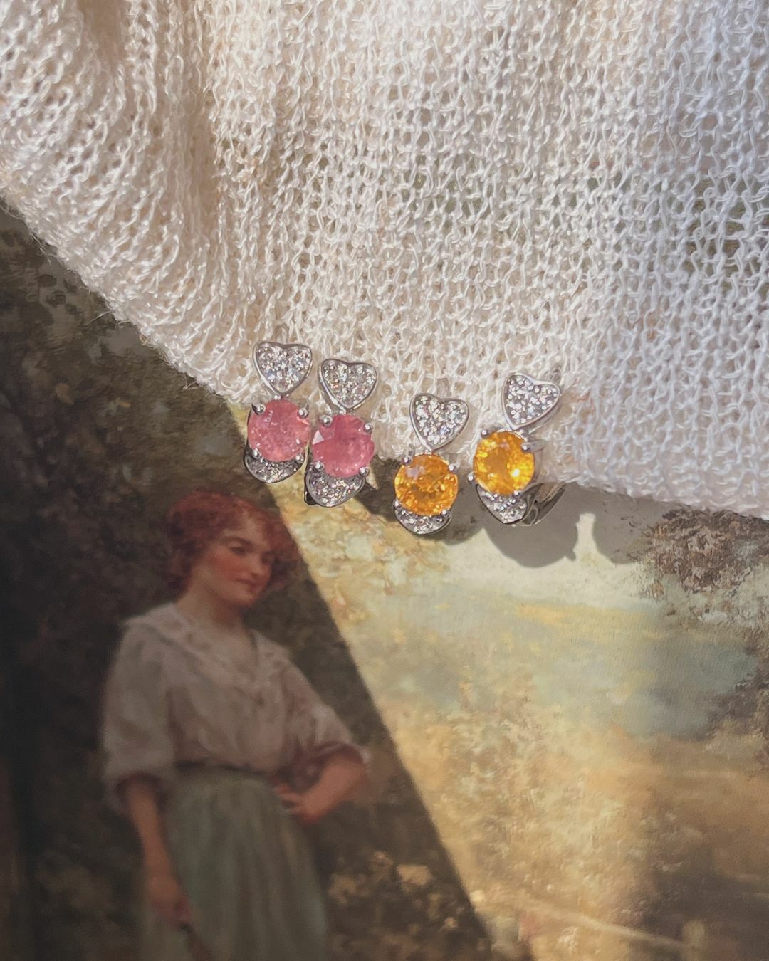 手作黃碧璽與粉紅碧璽水晶醫療鋼耳扣