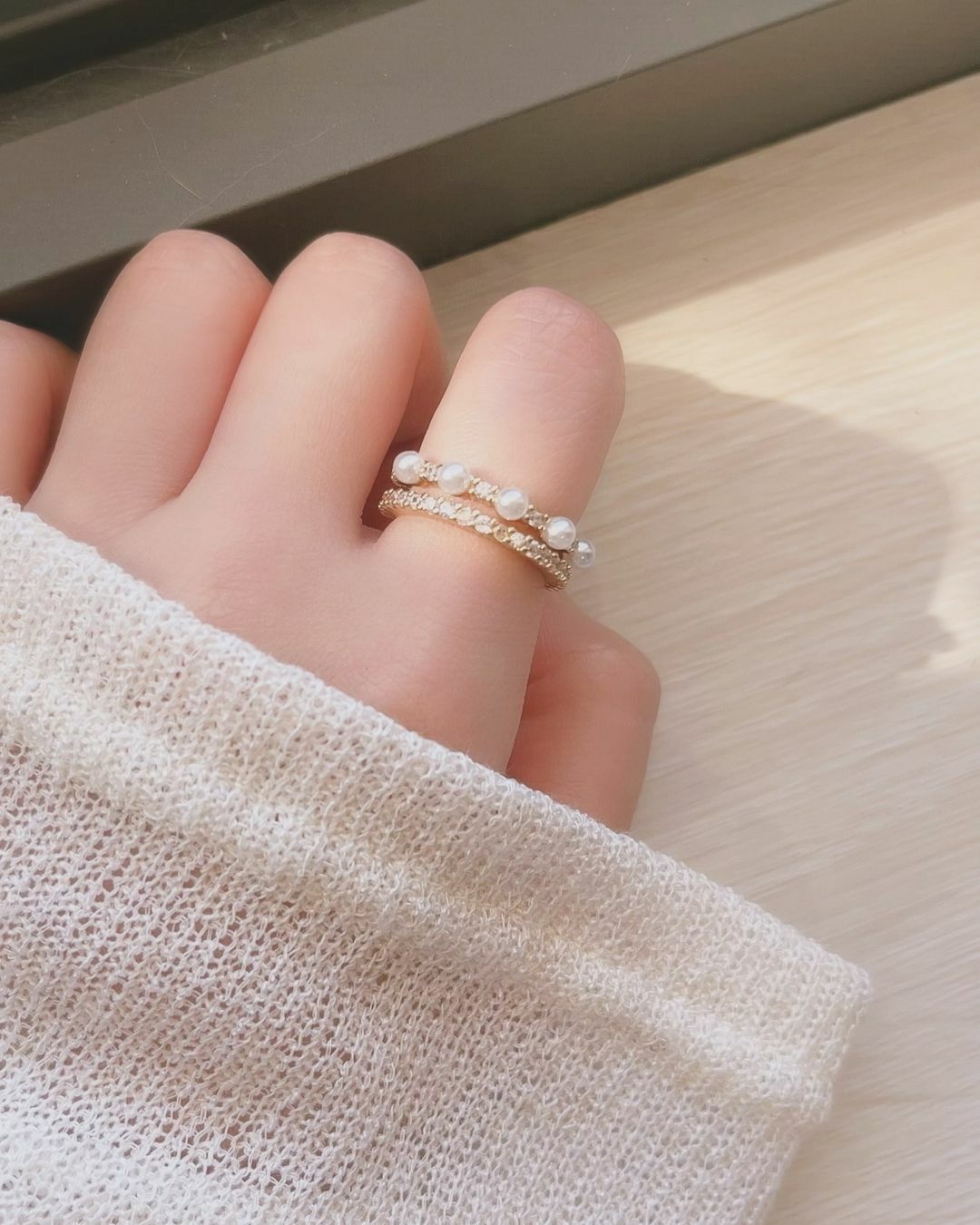 珍珠皇冠造型雙層金色醫療鋼開口戒