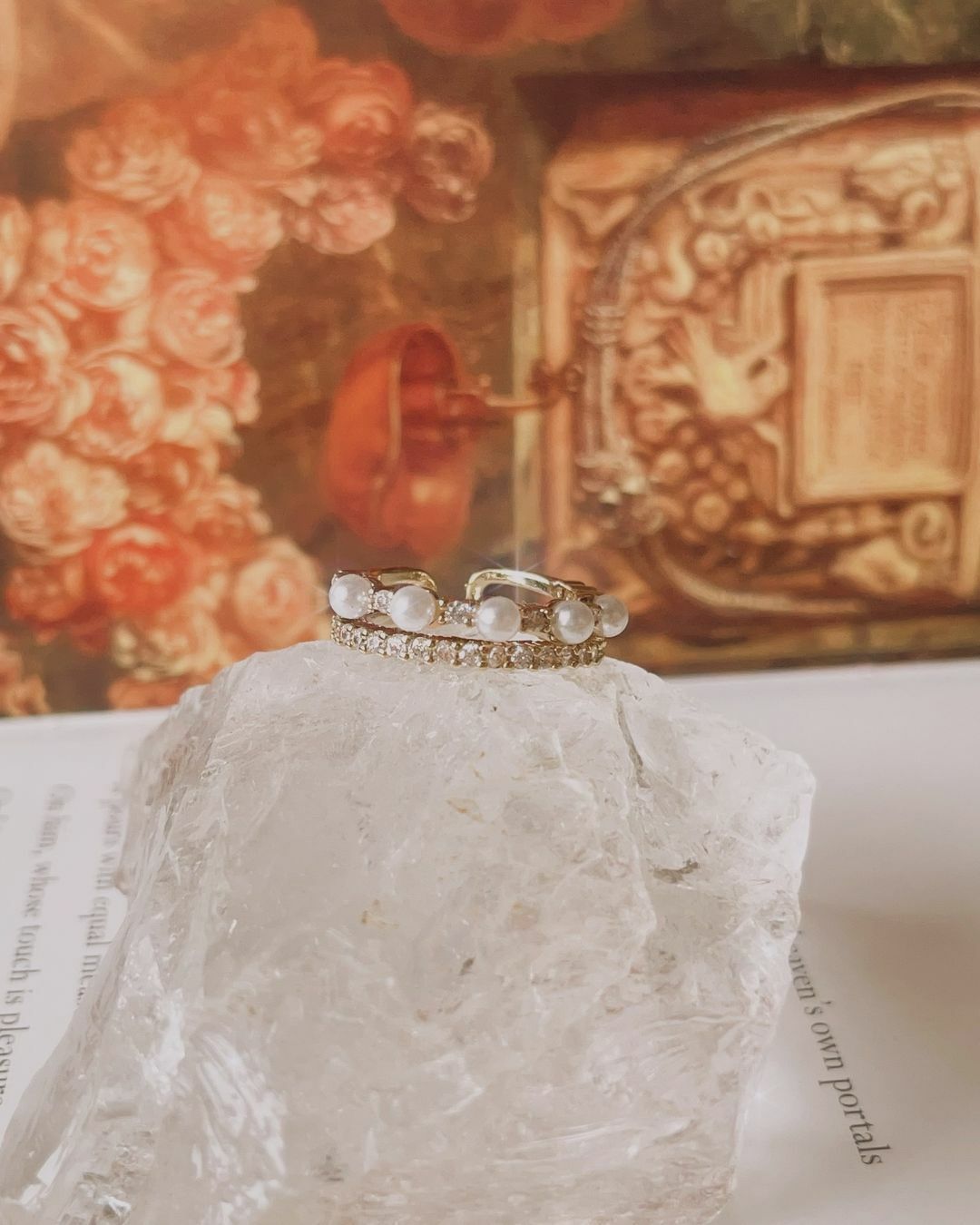 珍珠皇冠造型雙層金色醫療鋼開口戒