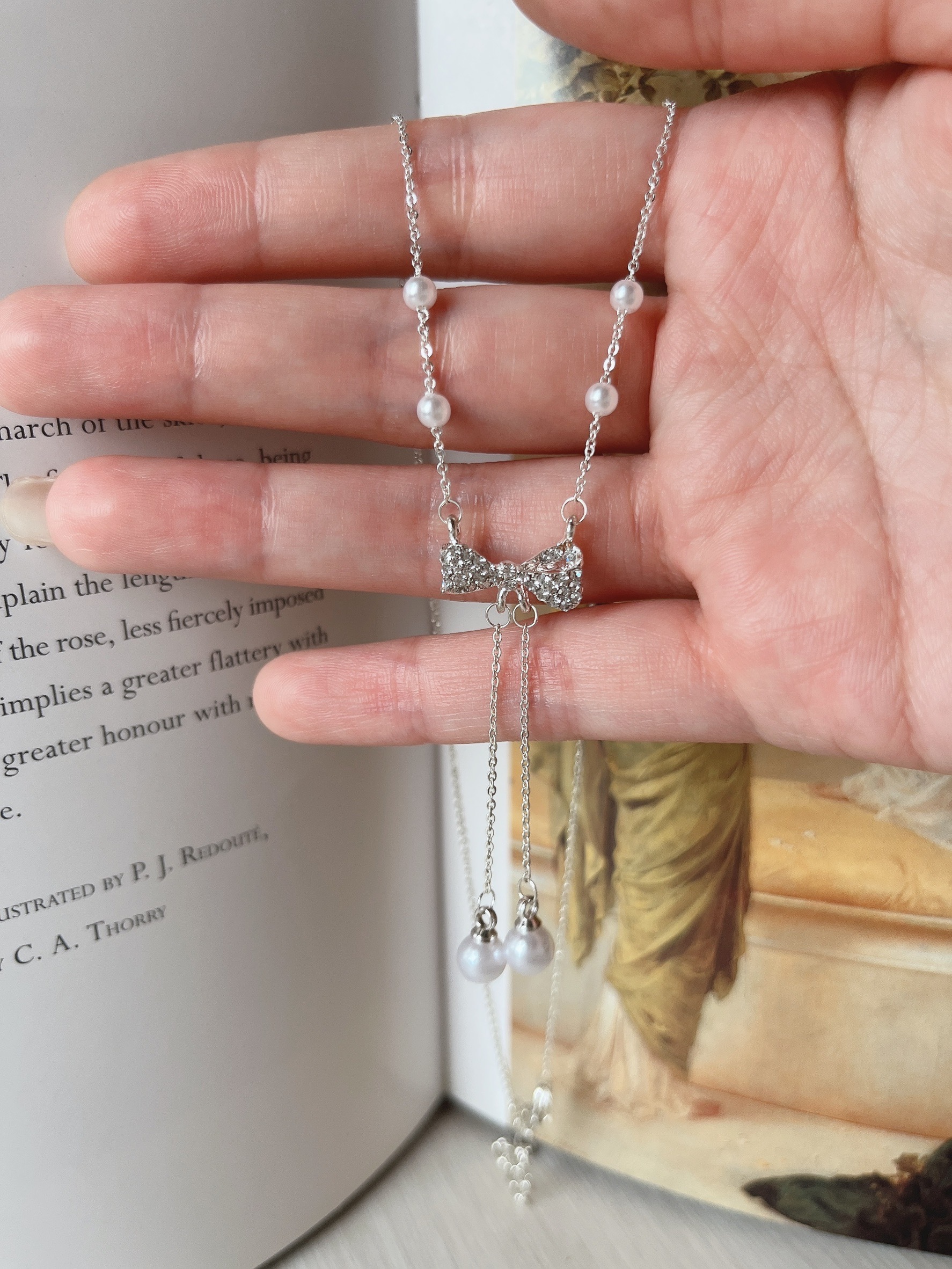 碎鑽蝴蝶結珍珠垂墜純銀項鍊