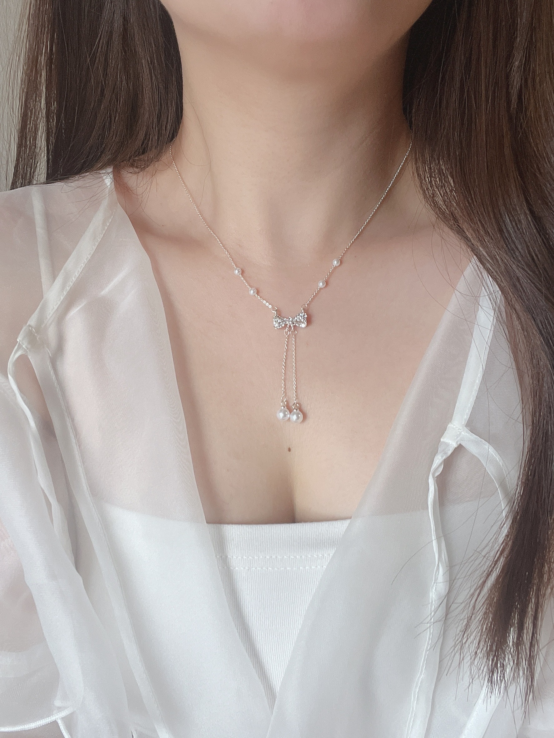 碎鑽蝴蝶結珍珠垂墜純銀項鍊