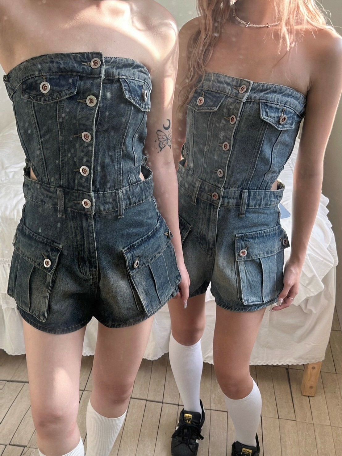 辣妹牛仔抹胸連體 側腰挖空 2colors（現貨）