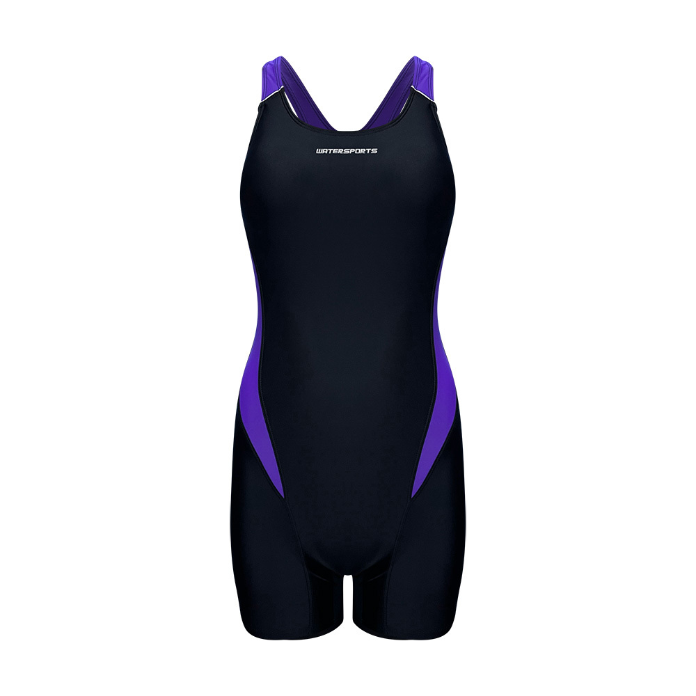 女士 Modest Y背帶連身平腳泳衣 - 黑/紫