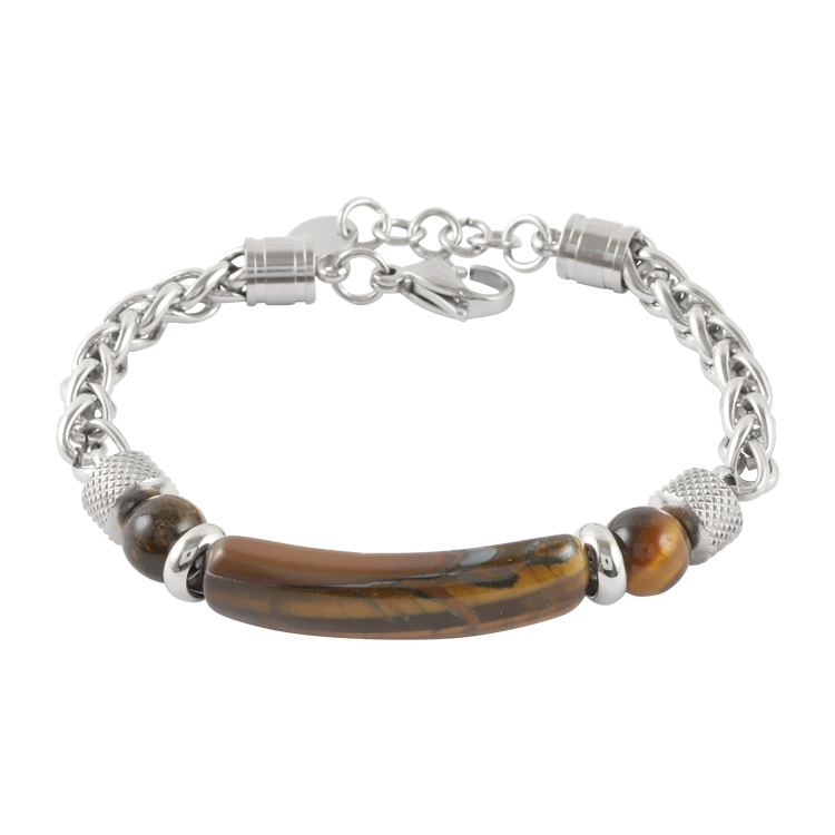 白鋼手鍊，男士手鍊 弧面棕紋虎眼石；堅韌蕭邦鍊造型（3816 棕虎眼石）