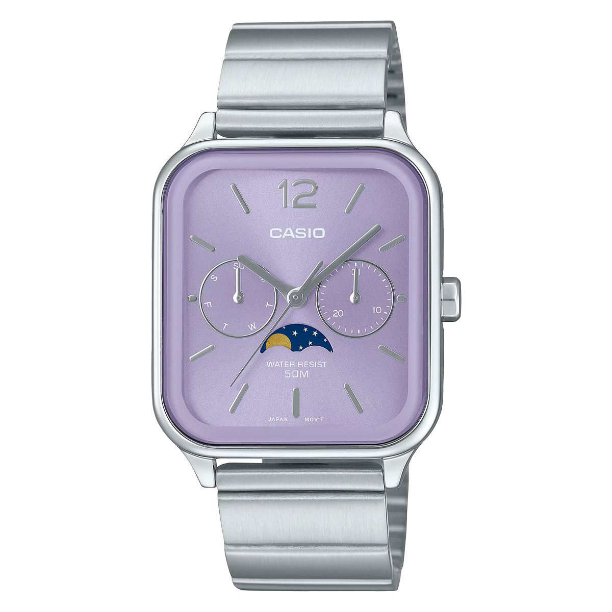 CASIO MTP-M305D-6A 銀紫 長方形 月相 石英 男裝鋼帶錶