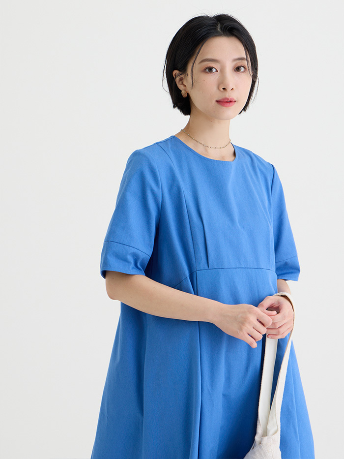 日想剪接打折洋裝-千草藍