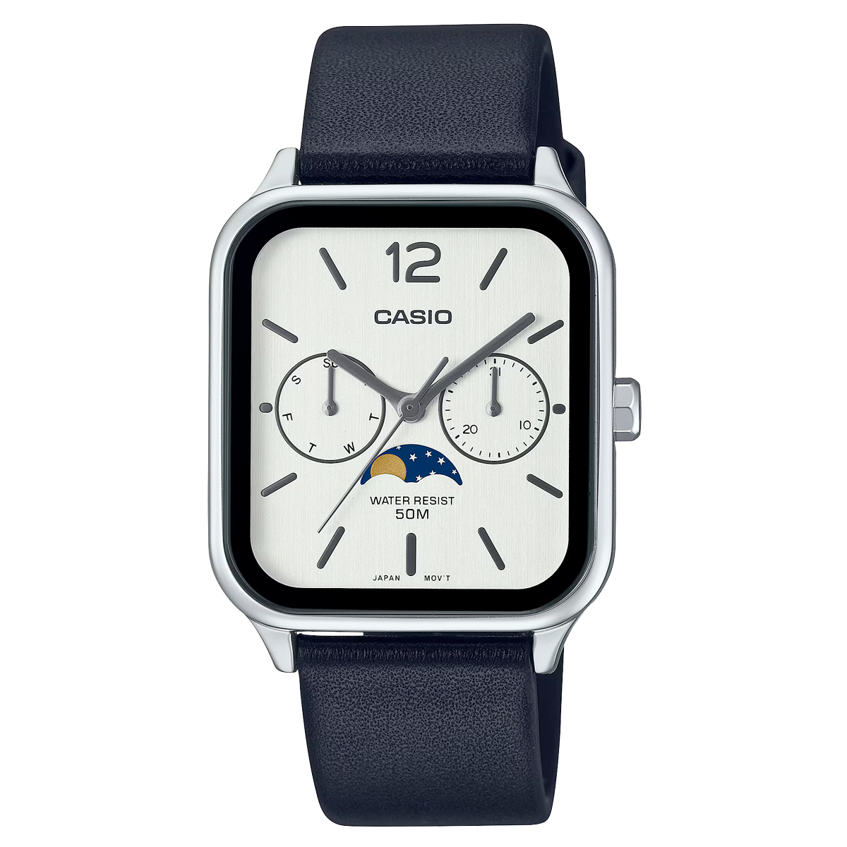 CASIO MTP-M305L-7A 銀白 長方形 月相 石英 男裝皮帶錶