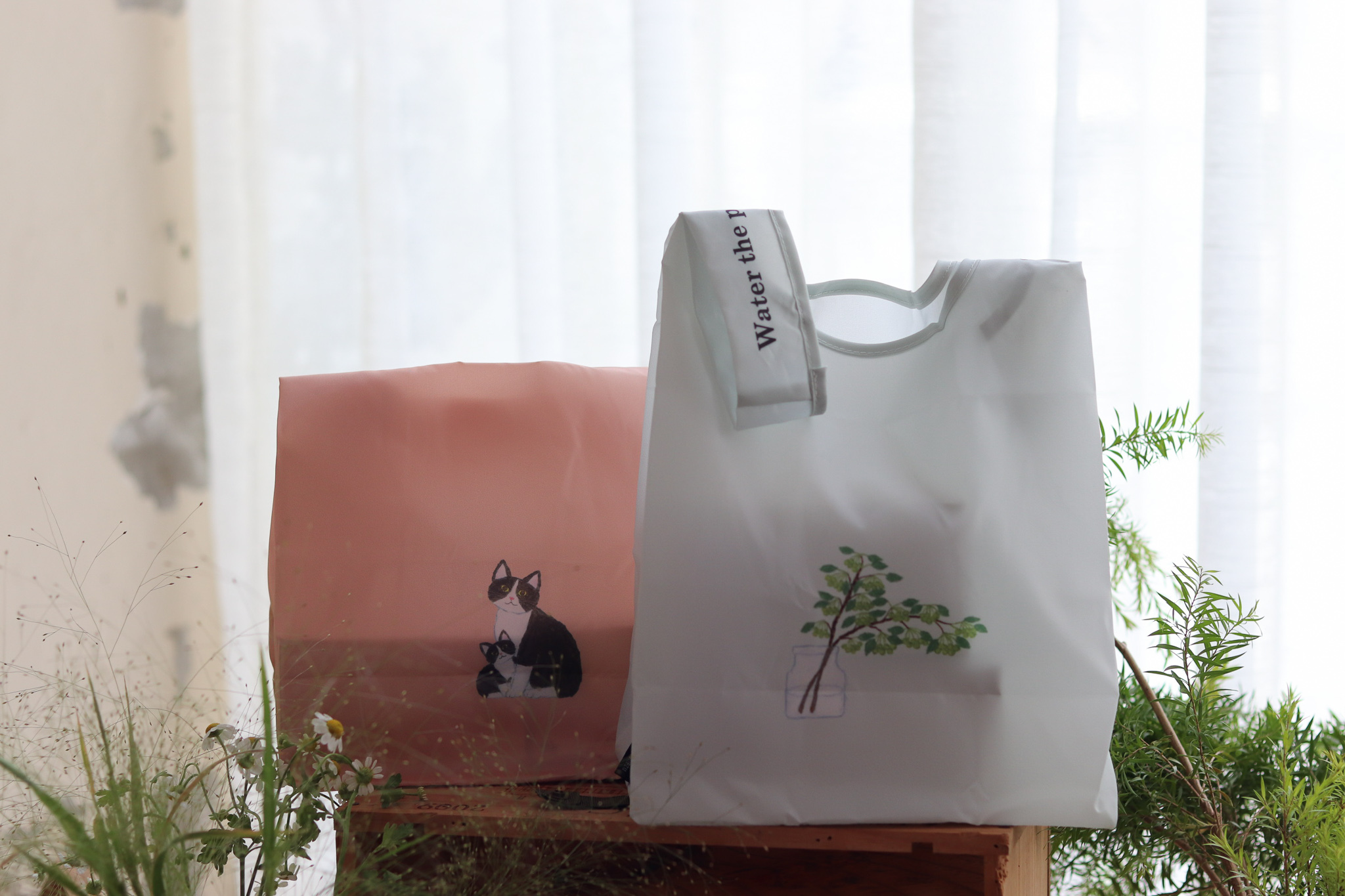 米津祐介 貓咪 植物 插畫 有底版環保購物袋