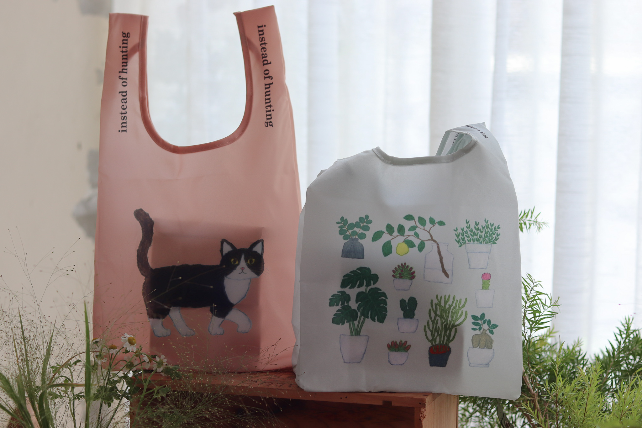 米津祐介 貓咪 植物 插畫 有底版環保購物袋