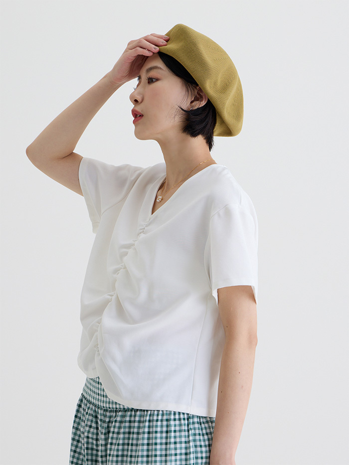 抓皺造型短袖上衣-柳白