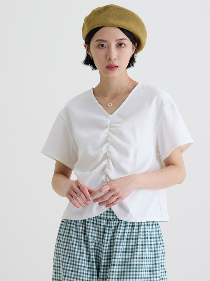 抓皺造型短袖上衣-柳白