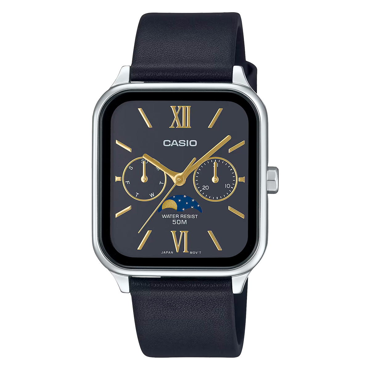 CASIO MTP-M305L-1A2 黑面 長方形 月相 石英 男裝皮帶錶