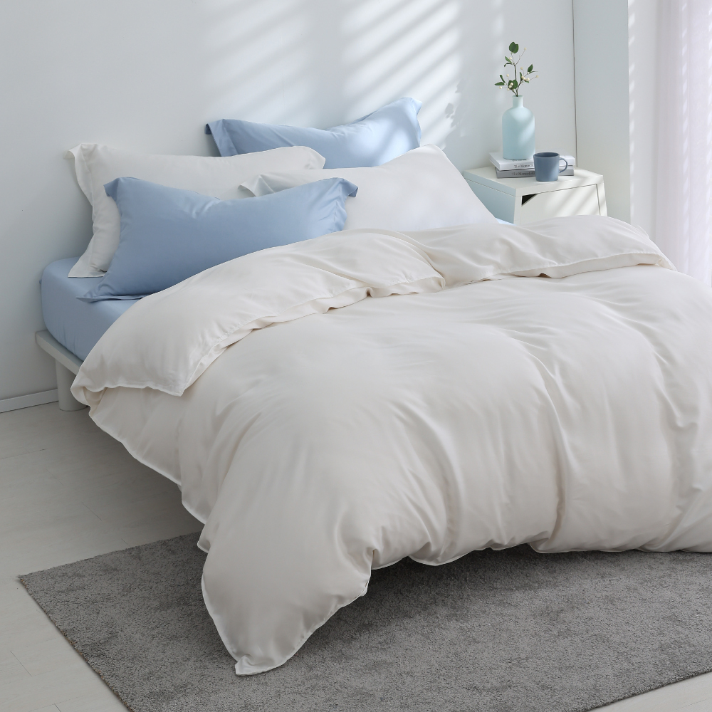 60支天絲｜100%萊賽爾｜雙色配｜珍珠白ｘ運河藍