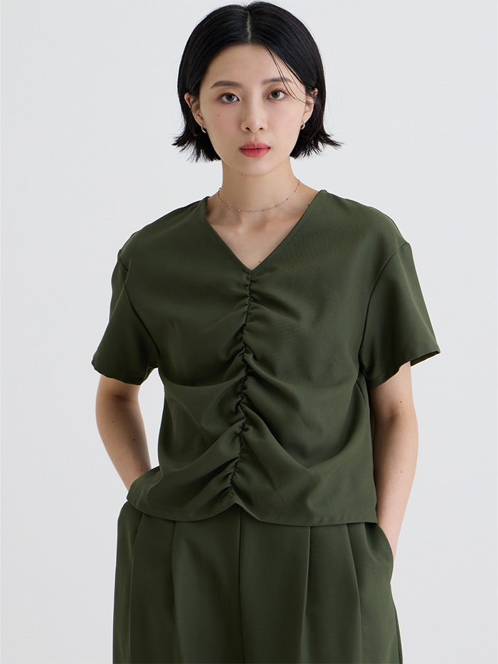 抓皺造型短袖上衣-煤綠