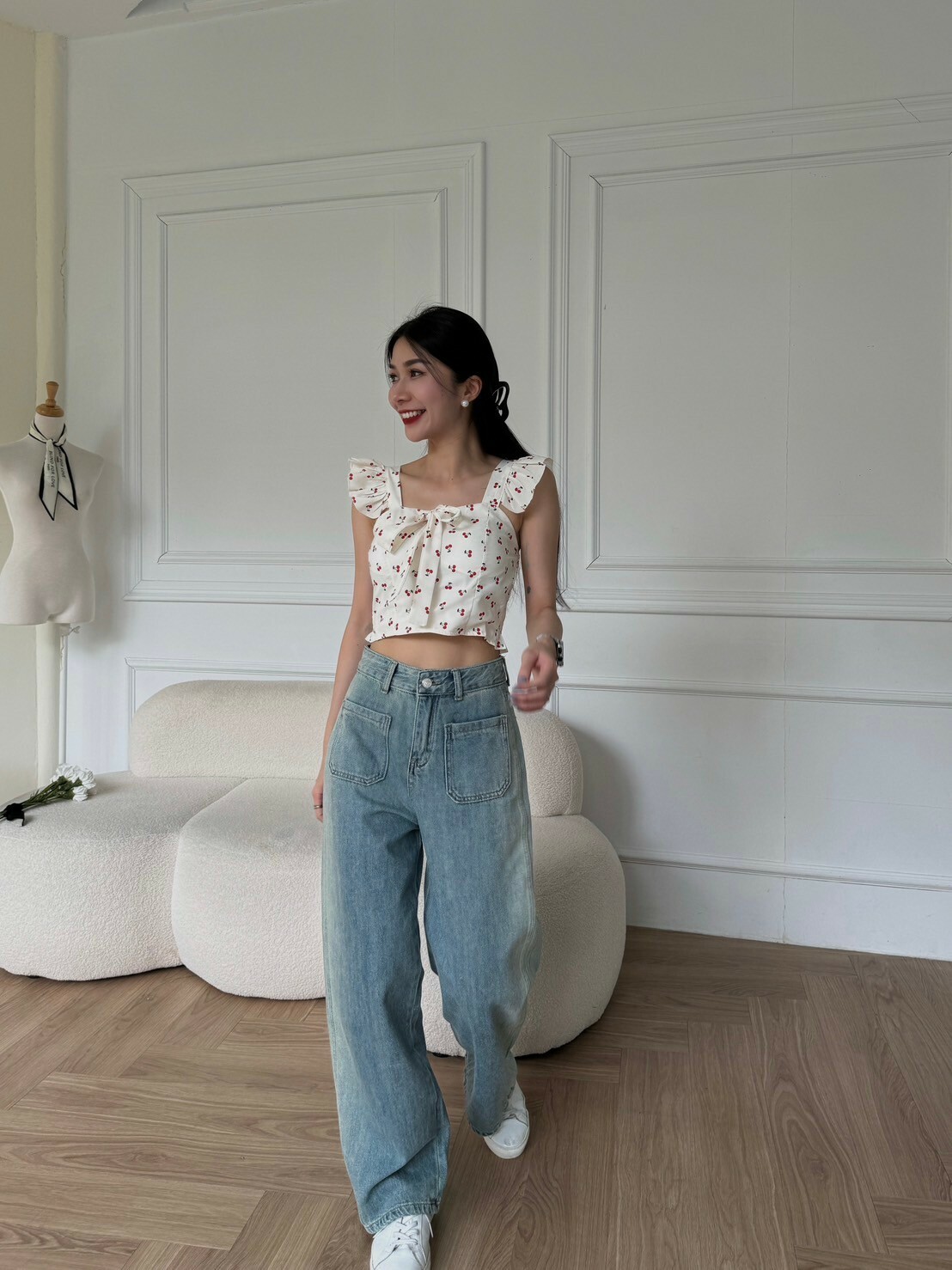 前口袋高腰牛仔寬褲