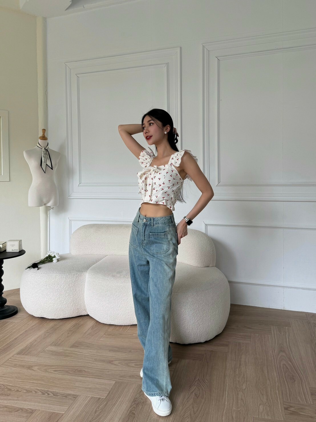 前口袋高腰牛仔寬褲