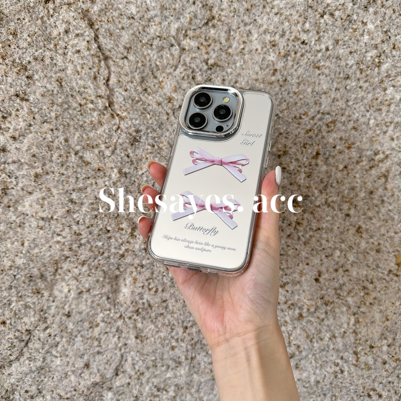 IPHONE 鏡面緞帶蝴蝶結手機殼(粉色款)