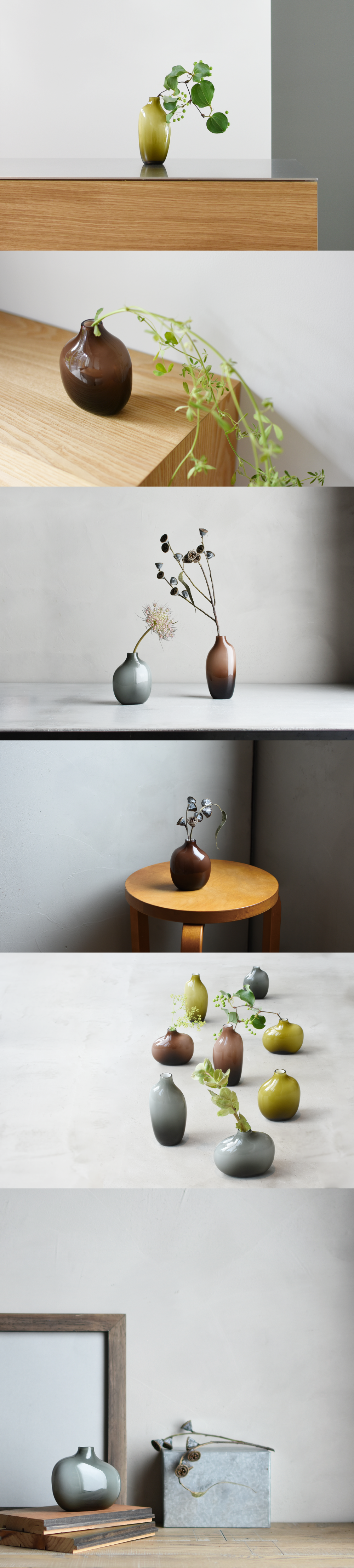 日本KINTO-SACCO玻璃造型花瓶,3種可愛曲線外型。顏色上不只是單一色彩,更做出層次深淺變化。