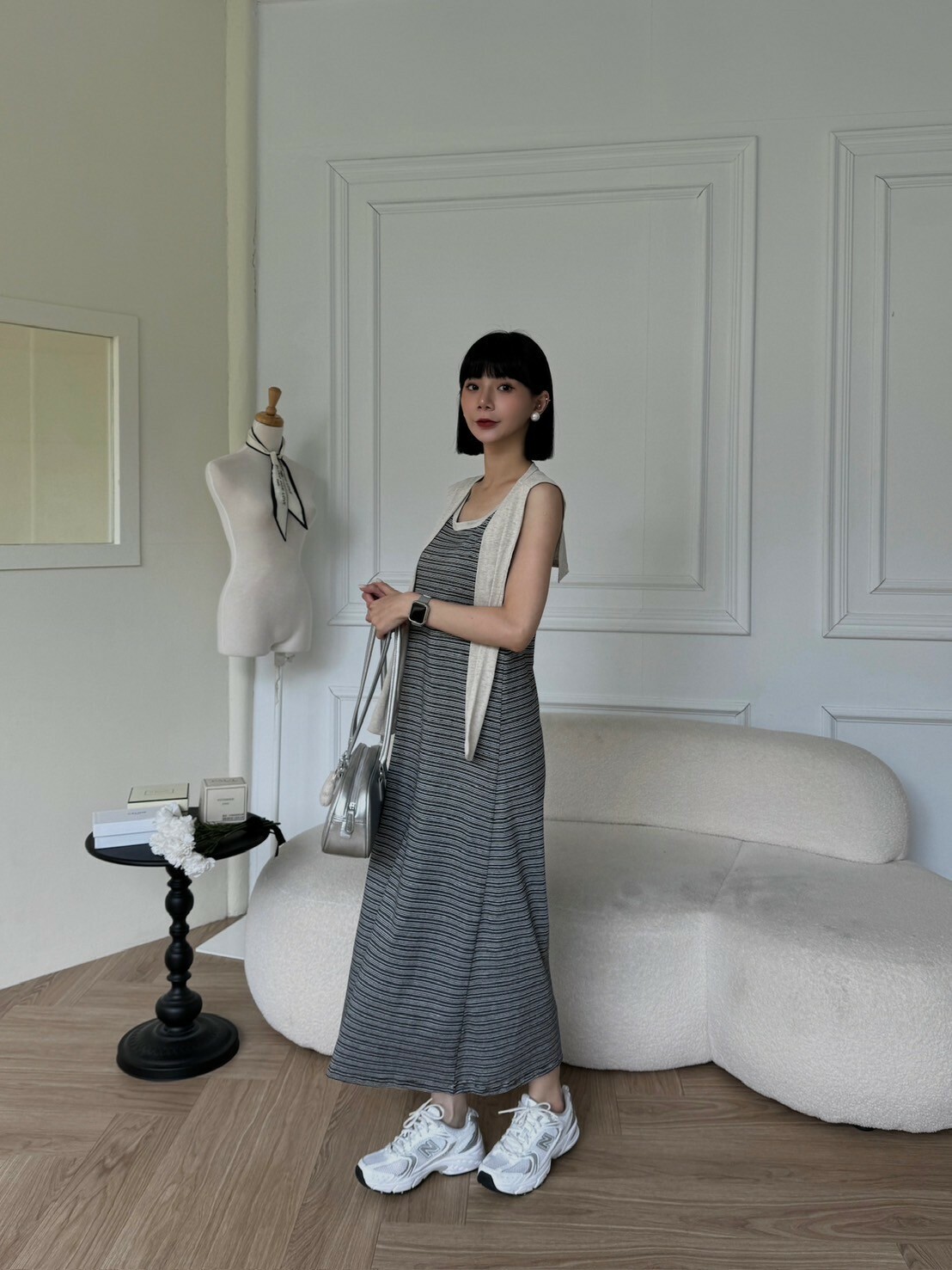 棉質條紋休閒長洋(附披肩)