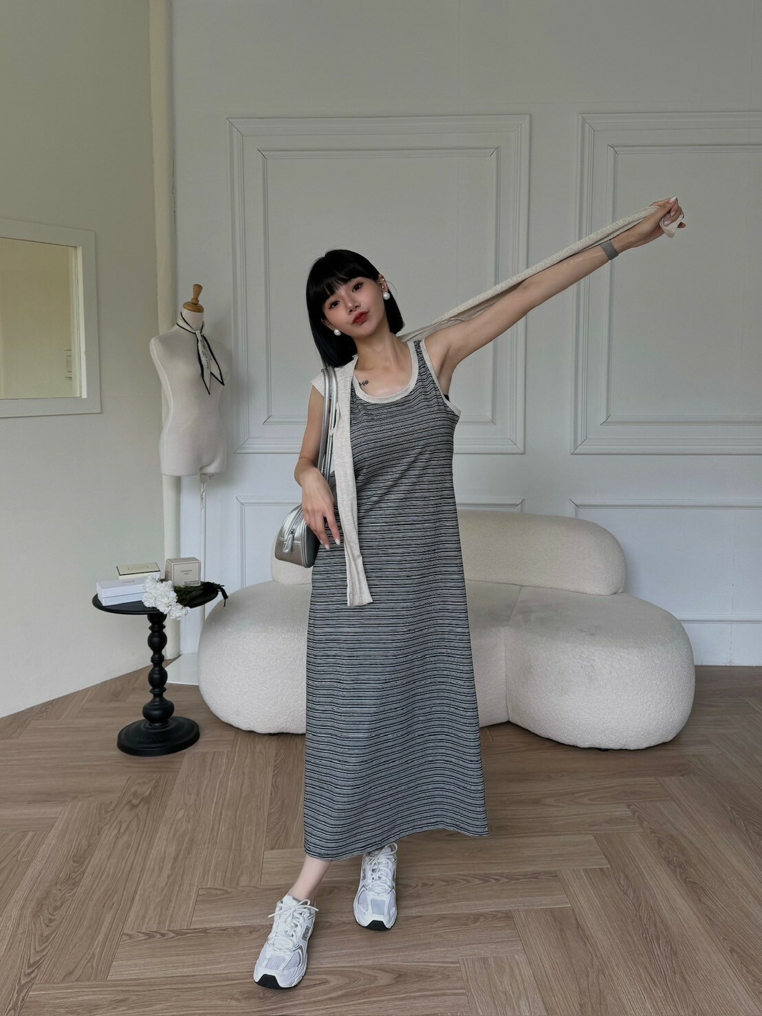 棉質條紋休閒長洋(附披肩)