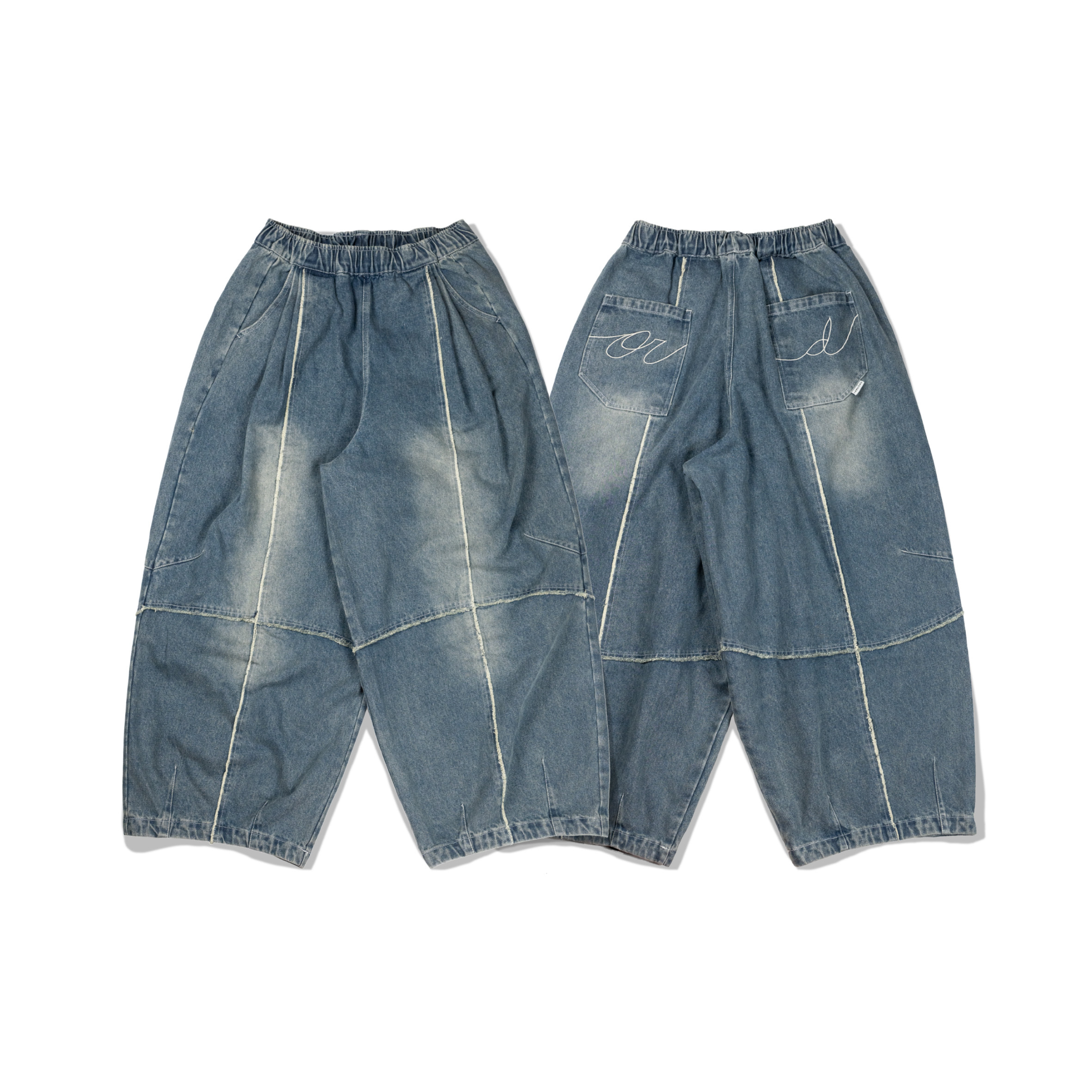 ORDINARY / 水洗不修邊剪裁錐型燈籠褲 - 水洗藍色