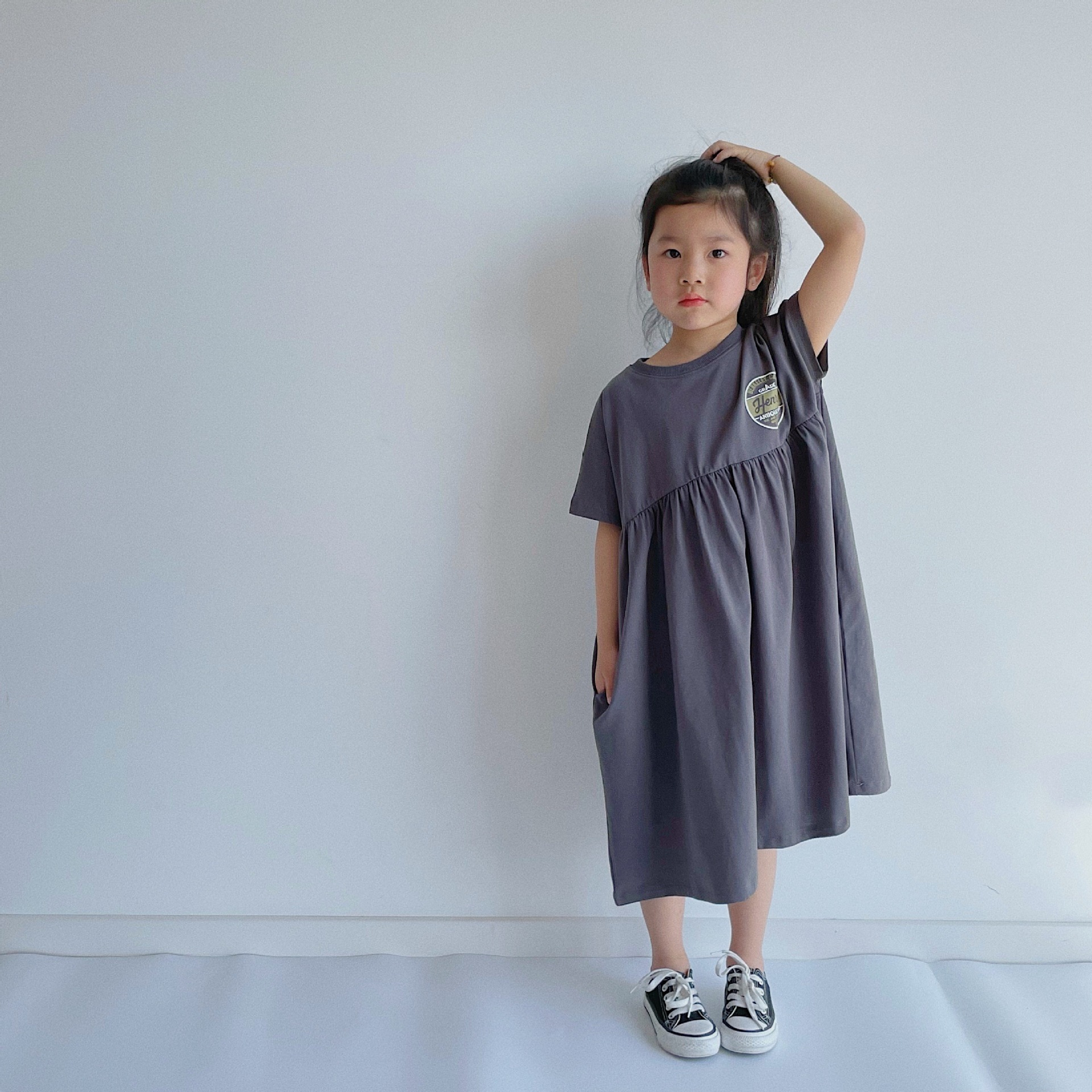 BOBOKIDS日系印花拼接親子連身裙-黑色