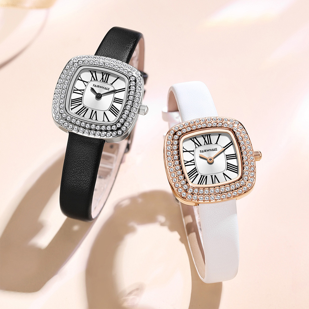 【Mark fairwhale馬克菲爾】方形羅馬時標閃耀鑽圈皮革女用錶-3530