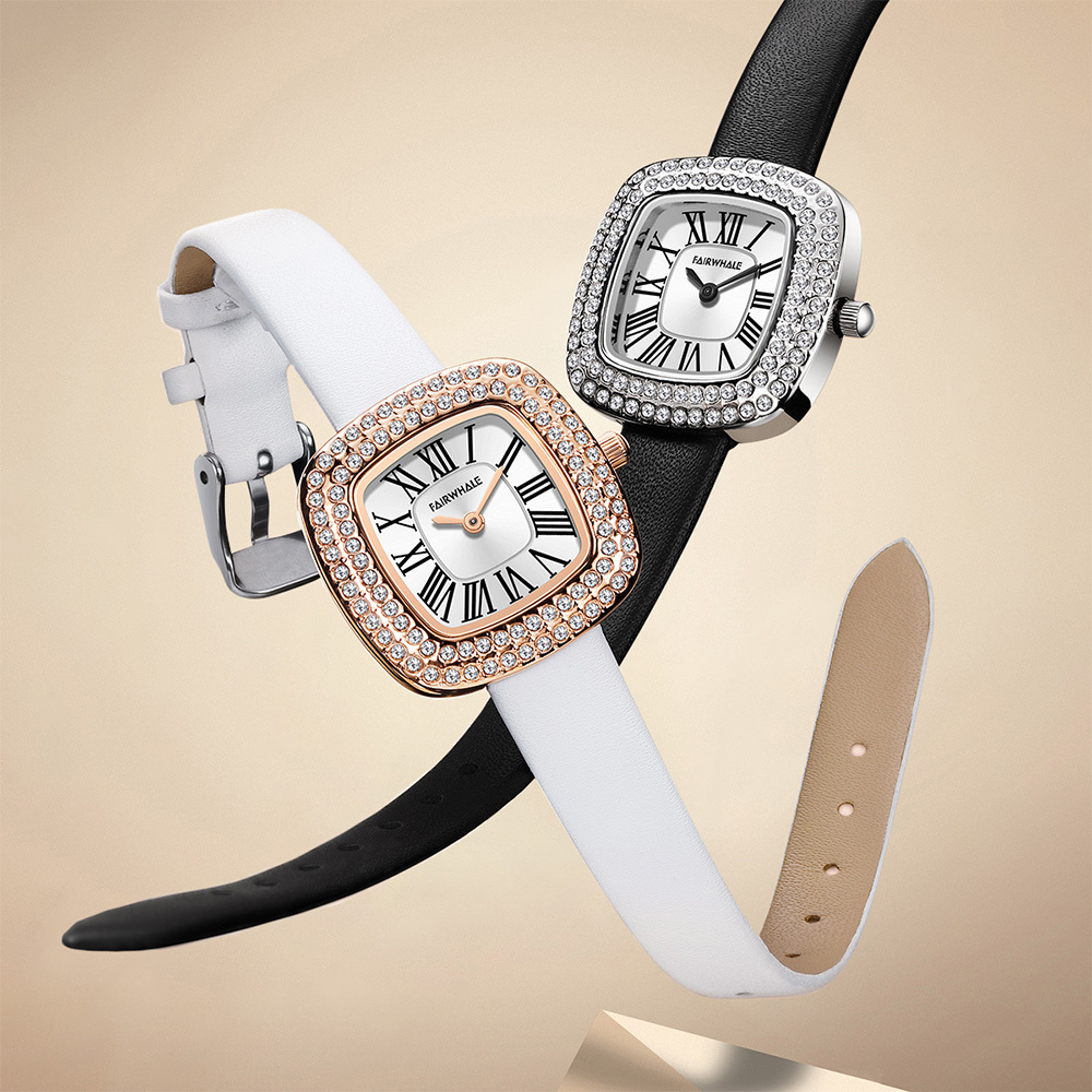 【Mark fairwhale馬克菲爾】方形羅馬時標閃耀鑽圈皮革女用錶-3530