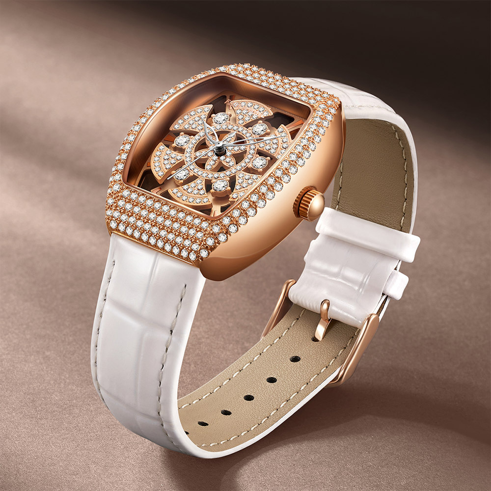 (預購)【Mark fairwhale馬克菲爾】酒桶型鏤空鑲鑽高雅格調女用錶-3560(錶盤花朵點綴)