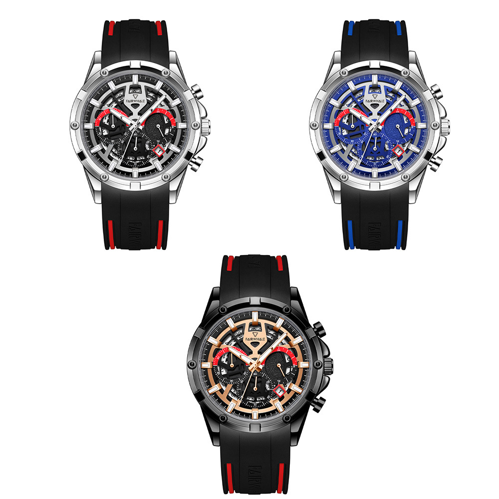 【Mark fairwhale 馬克菲爾】賽車時尚 年輕潮流 三針三眼計時 日期顯示夜光 矽膠 手錶-5440