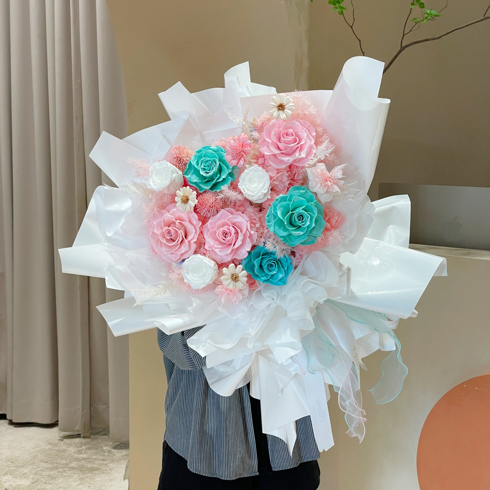 Elephant Love 超巨大9朵永生花束/知更鳥配色