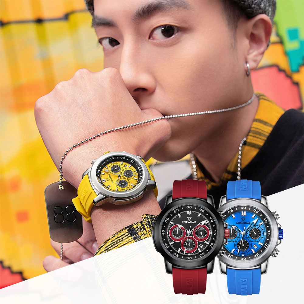 【Mark fairwhale 馬克菲爾】街頭嘻哈潮流 三針三眼 跳色酷炫時尚 矽膠 手錶-5520
