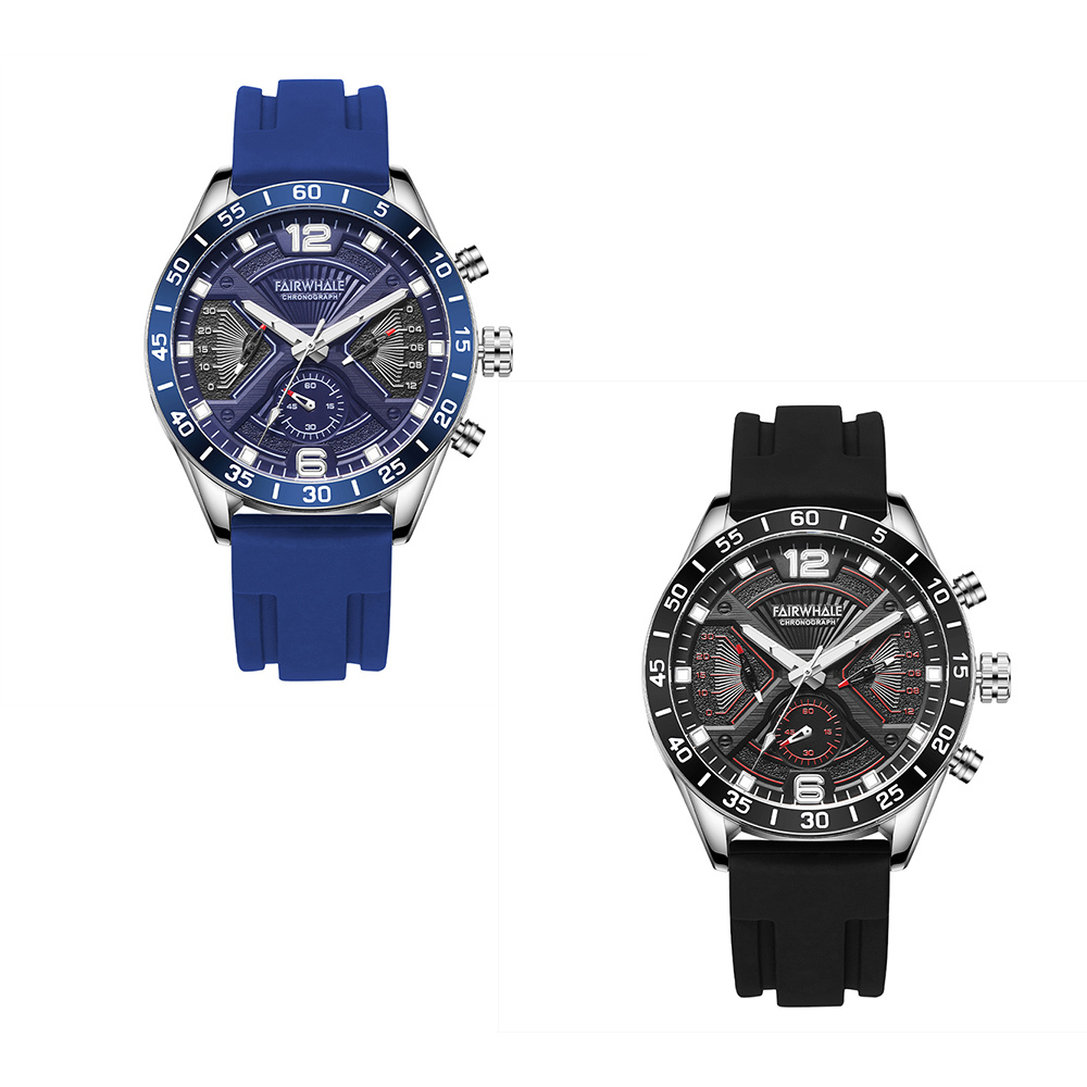 【Mark fairwhale 馬克菲爾】立體層次造型 時尚潮男 多功能夜光 矽膠 手錶-5550