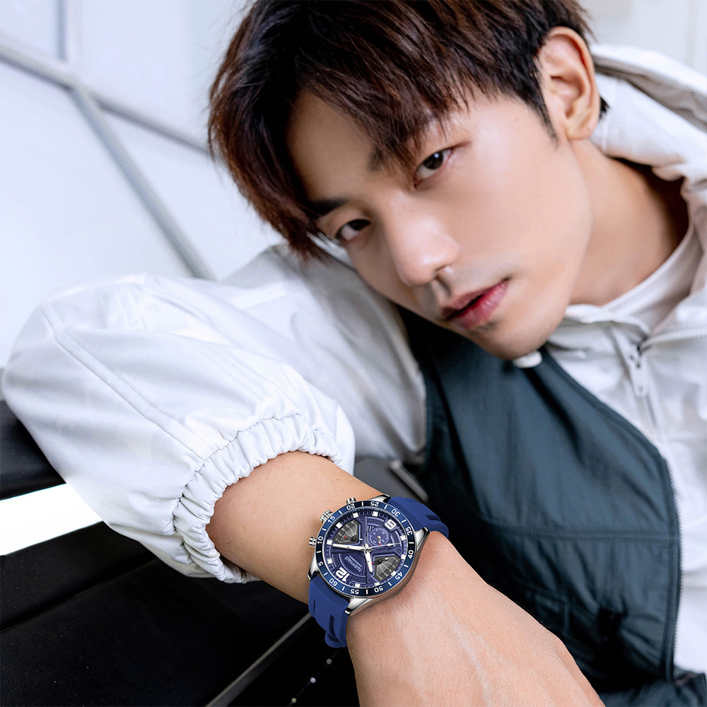 【Mark fairwhale 馬克菲爾】立體層次造型 時尚潮男 多功能夜光 矽膠 手錶-5550