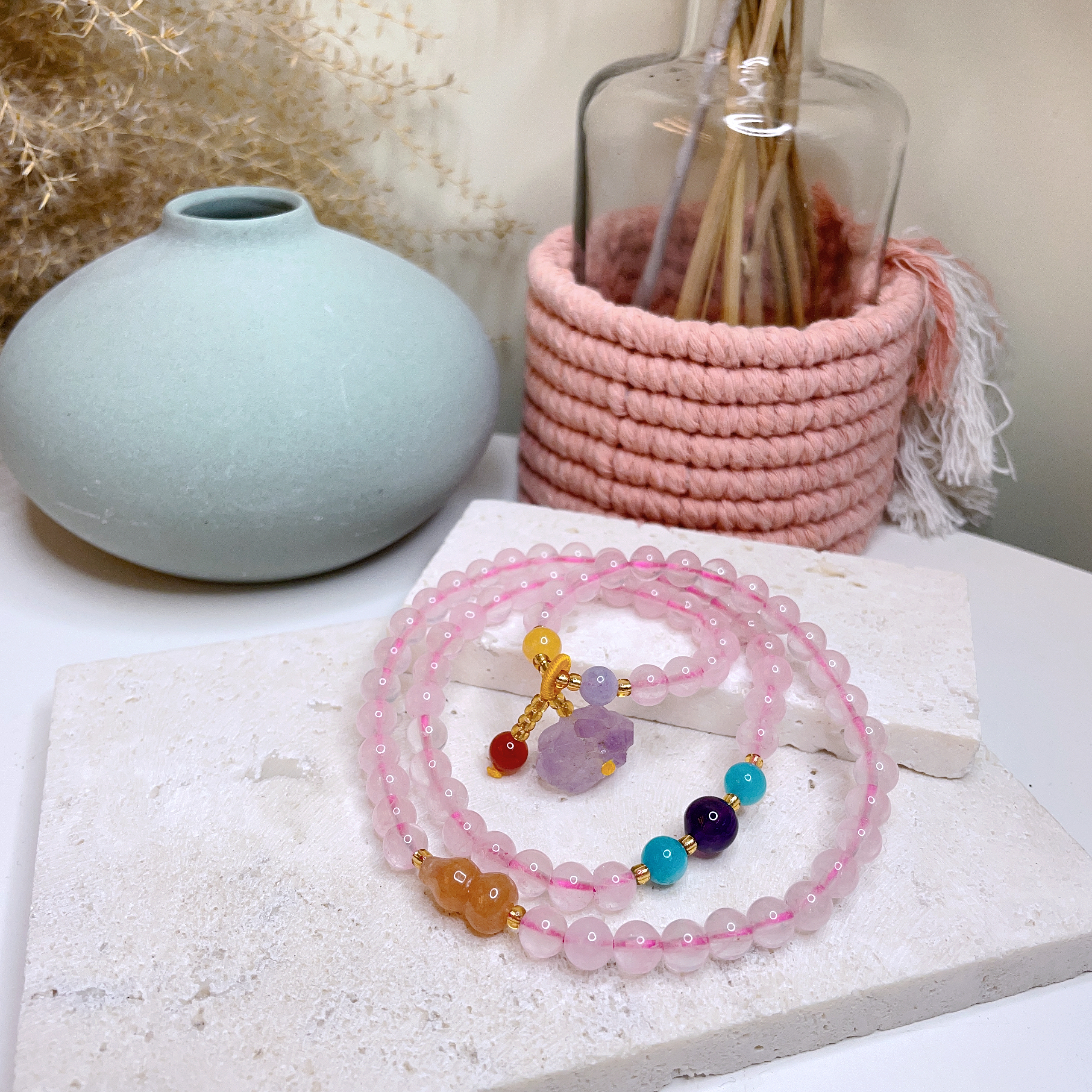 粉晶拼紫晶天河石三圈設計款 6mm