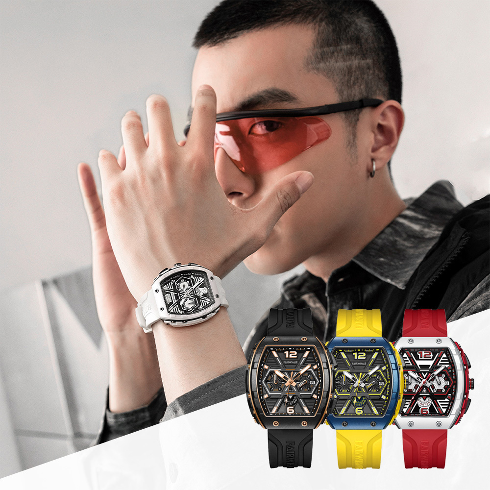 【Mark fairwhale 馬克菲爾】街頭潮流酷炫 機能風 三針三眼 矽膠手錶-5560