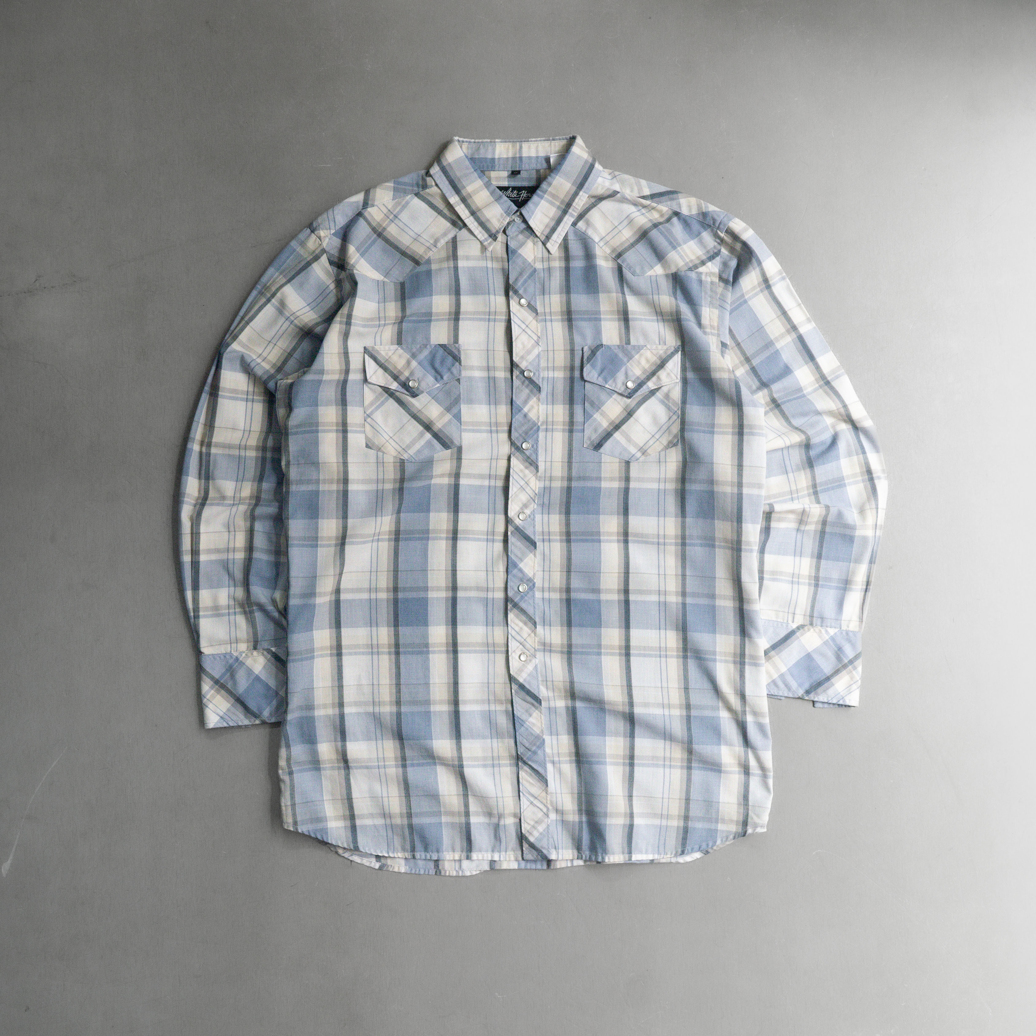 90S VINTAGE WESTERN SHIRT 美國 白藍 格紋 珍珠釦 西部 長袖 襯衫