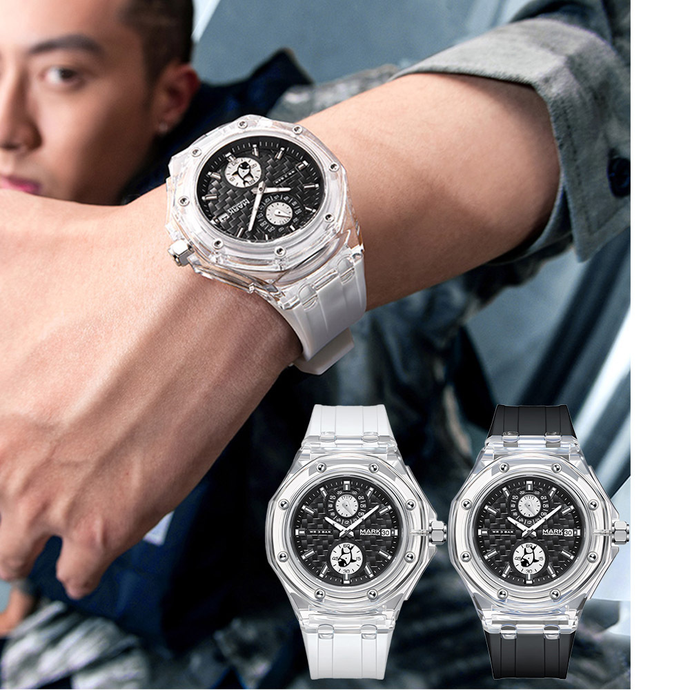 (預購)【Mark fairwhale 馬克菲爾】八角邊 透明錶殼 特殊編織紋錶盤 雙眼 自動機械 矽膠 腕錶-5830