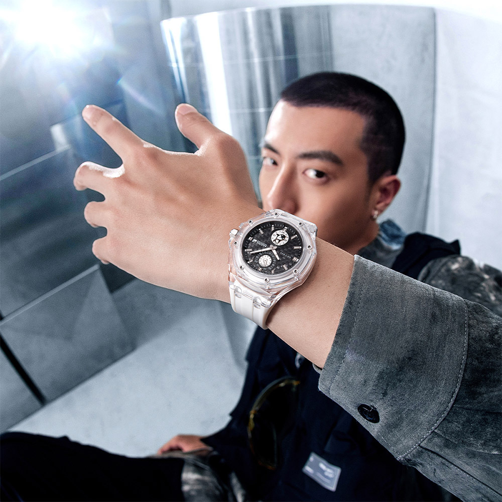 (預購)【Mark fairwhale 馬克菲爾】八角邊 透明錶殼 特殊編織紋錶盤 雙眼 自動機械 矽膠 腕錶-5830