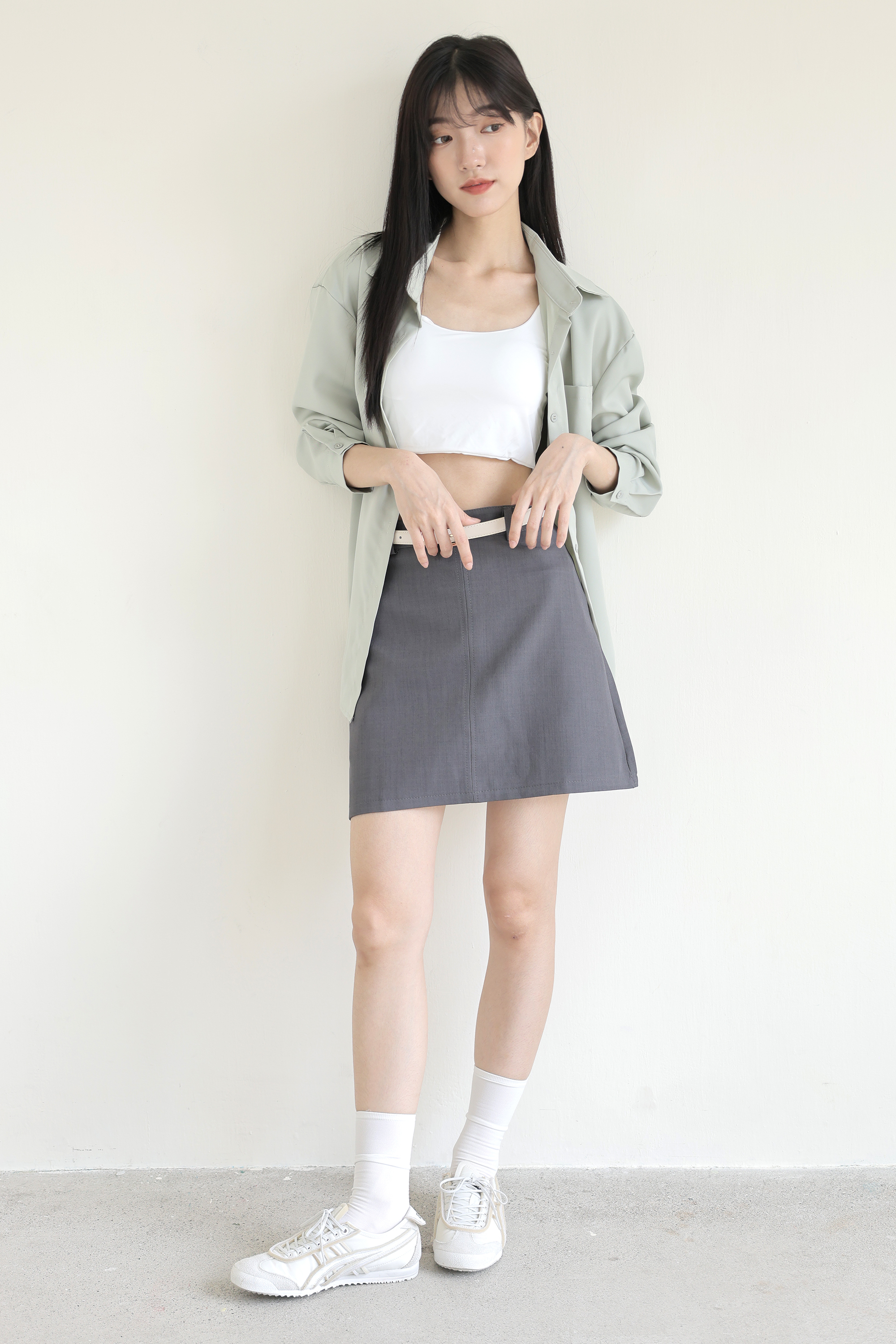 簡約顯瘦A字短裙(附腰帶）