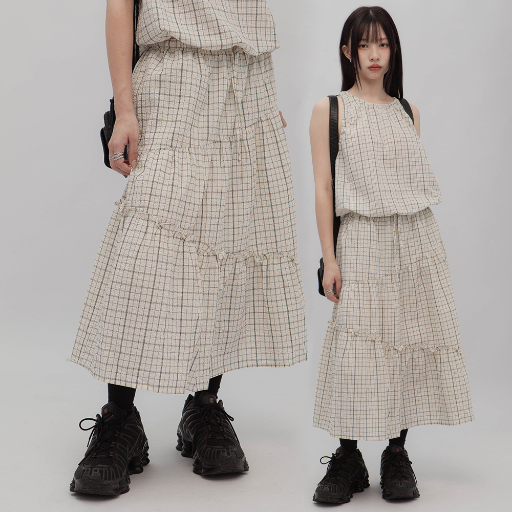 格紋泡泡肌理中長裙