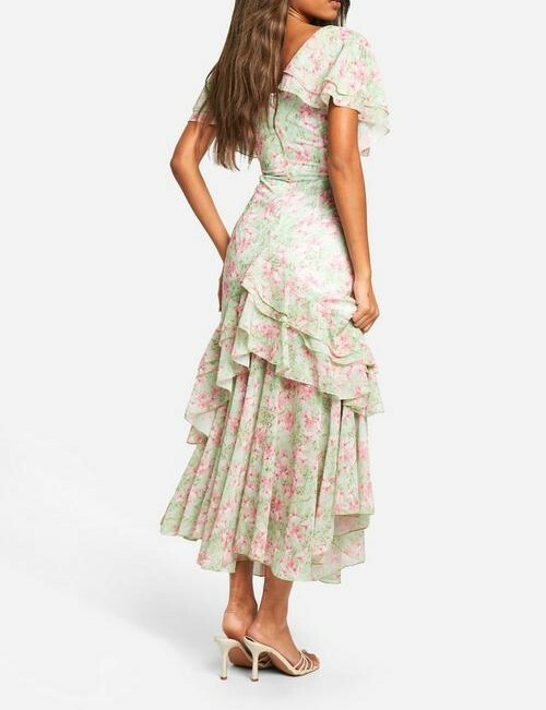 Floral Cacay淡綠色深v領雪紡紗荷葉飾邊層次Maxi Dress