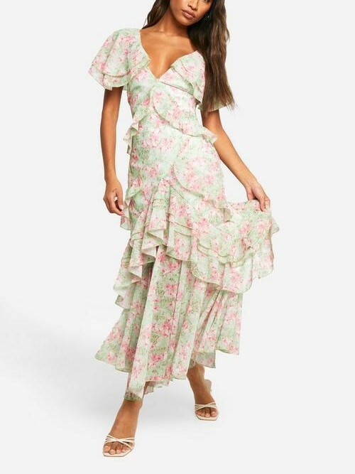 Floral Cacay淡綠色深v領雪紡紗荷葉飾邊層次Maxi Dress