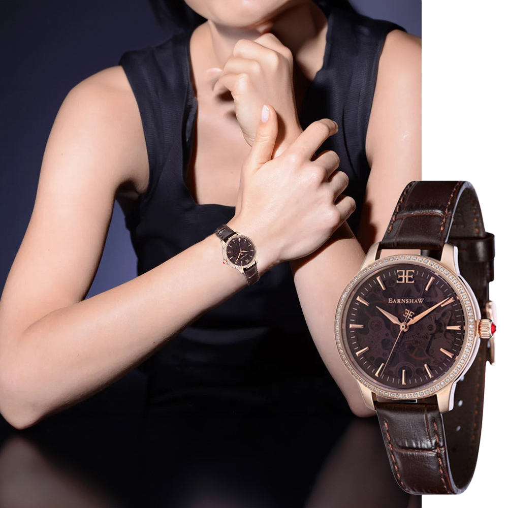 【Thomas Earnshaw 恩梭】 Lady Australis 澳洲女士系列 ES-8056-03 優雅 晶鑽 錶圈 玫咖 皮革 機械 女士 腕錶 手錶