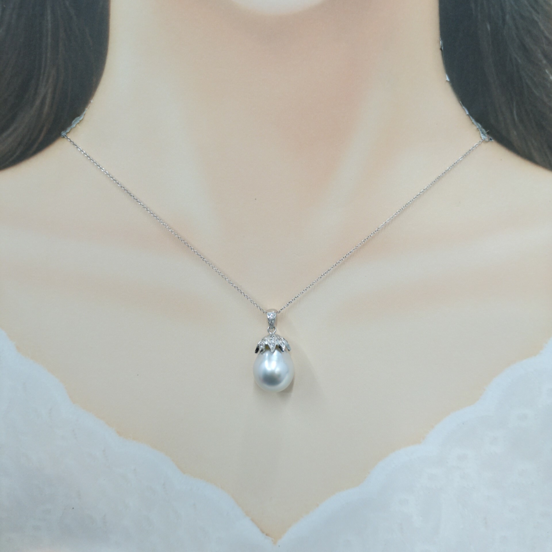 全新18K白金32份鑽石配珍珠吊墜